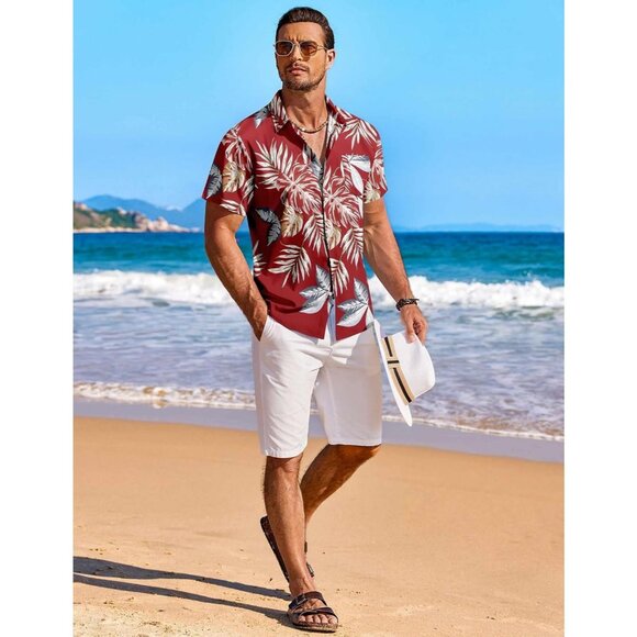 Men Red Hawaiian Shirt Short Sleeve Floral Button Down Tropical Beachwear - Picture 4 of 6